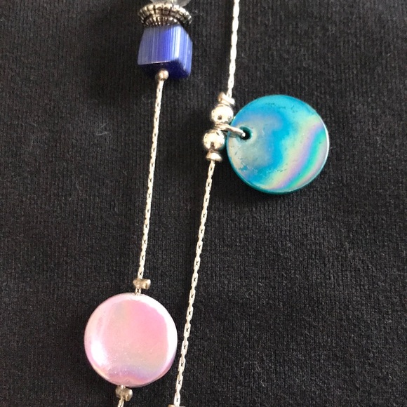 MULTI COLOR SILVER TONE DOUBLE CHAIN NECKLACE - Picture 2 of 5